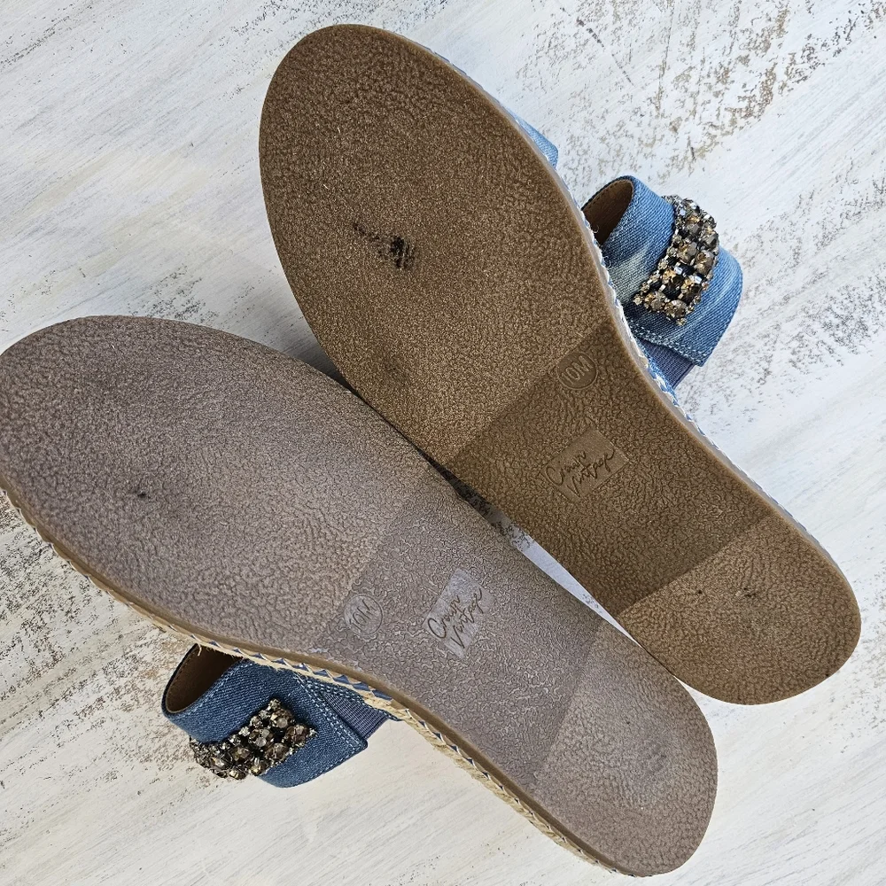Nwob Crown Vintage Blue Denim Sandal Slides with Rhinestone Accent